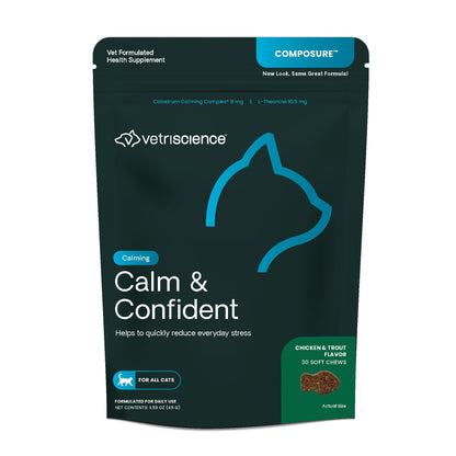 VetriScience Calm & Confident Chews, Composure Calming and Anxiety Supplement for Cats, Reduce Stress and Fear, Ideal for Travel, Vet, Grooming and Routine Changes, Chicken and Trout, 30 Count