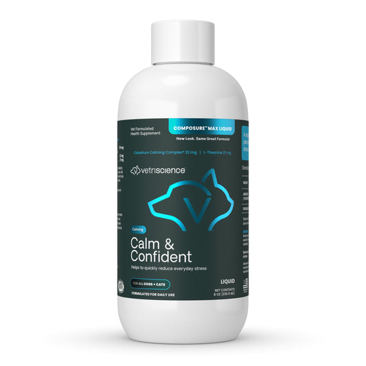 VetriScience Composure Max Liquid Formula - Clinically Proven Dog Calming and Cat Calming Supplement with Colostrum, L-Theanine & Vitamin B1 for Stress, Storms, Separation & More - 8 oz