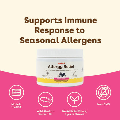 Pupford Dog Allergy Relief Chews, Health Supplement for Seasonal Allergens & Itchy Skin, Salmon Flavor, 60 Soft Chews