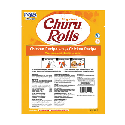 INABA Churu Rolls for Dogs, Grain-Free, Soft/Chewy Baked Chicken Wrapped Churu Filled Dog Treats, 0.42 Ounces Each Stick| 48 Stick Treats Total (8 Sticks per Pack), Chicken Recipe