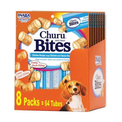 INABA Churu Bites for Dogs, Soft & Chewy Dog Treats, 0.42 Ounces Each Tube, 64 Tubes Total (8 Tubes per Pack), Chicken with Cheese Recipe