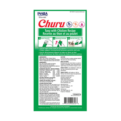 INABA Churu Cat Treats, Grain-Free, Lickable, Squeezable Creamy Purée Cat Treat/Topper with Vitamin E & Taurine, 0.5 Ounces Each Tube, 24 Tubes (4 per Pack), Tuna with Chicken Recipe