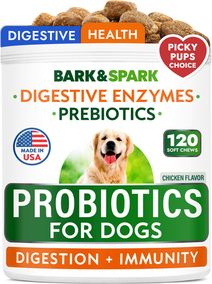 BARK&SPARK Dog Probiotics for Digestive Health w/Enzymes - Diarrhea Gas Treatment Upset Stomach Relief - Allergy & Itchy Skin - Pet Probiotics for Dogs - Digestion Supplement Treat (120Ct Chicken)