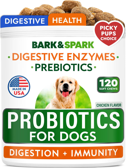 BARK&SPARK Dog Probiotics for Digestive Health w/Enzymes - Diarrhea Gas Treatment Upset Stomach Relief - Allergy & Itchy Skin - Pet Probiotics for Dogs - Digestion Supplement Treat (120Ct Chicken)