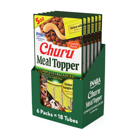 INABA Churu Meal Topper for Dogs, Complete & Balanced, Creamy, Lickable Purée Dog Food Toppers, 1.69 Ounce Tube, 18 Tubes (3 per Pack), Chicken with Pumpkin Recipe