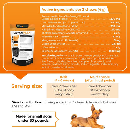 VetriScience Glycoflex 3 Clinically Proven Hip and Joint Support Supplement for Small Dogs - Maximum Strength Dog Supplement with Glucosamine, MSM, Green Lipped Mussel & DMG - 60 Chews,Chicken Flavor
