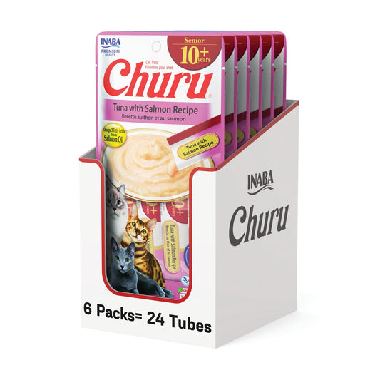 INABA Churu for Senior 10+, Creamy Lickable Cat Treats with Taurine, Vitamin E & C, 0.5 Ounces Each, 24 Tubes (4 per Pack), Tuna with Salmon Recipe