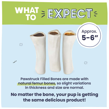 Pawstruck Large 5-6” Filled Dog Bones Variety Pack - Peanut Butter, Cheese & Bacon, Beef Flavors - Made in USA, Long Lasting Stuffed Femur Treat for Aggressive Chewers - Pack of 3, Packaging May Vary