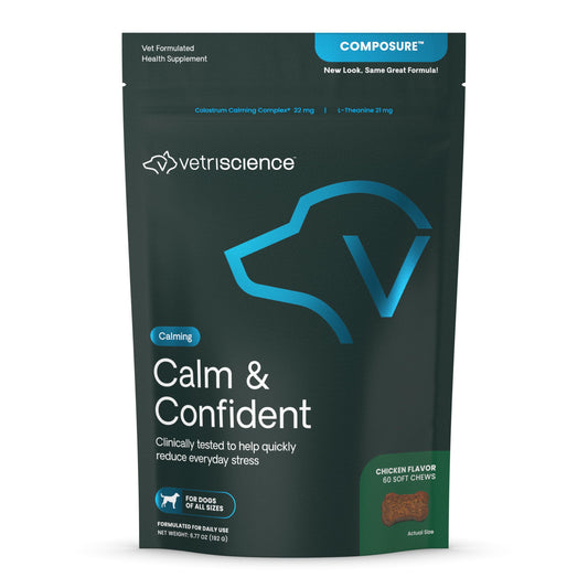 VETRISCIENCE Calm & Confident Chews, Composure Clinically Tested Calming & Anxiety Supplement for Dogs, Reduce Stress & Fear, Ideal for Thunderstorms, Fireworks & Travel, Chicken, 60 Count