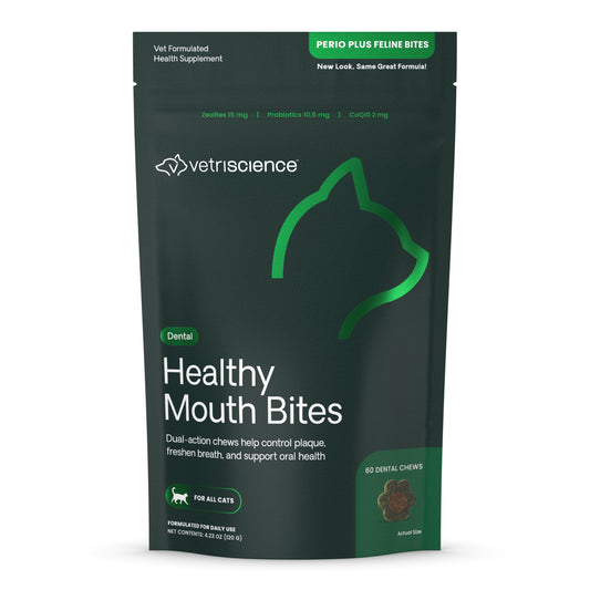 VetriScience Perio Plus Cat Teeth Cleaning Bites - Advanced Cat Breath Freshener - Dual Action Cat Dental Care Formula for Plaque Control & Fresh Breath, 60 Chews, Chicken Flavor