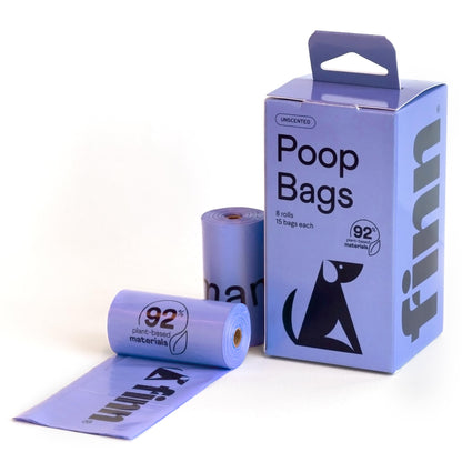 Finn 92% Biobased Poop Bags | USDA-Certified BioPreferred Product | Made from 92% Plant-Based Materials / 8% PE | Unscented Dog Waste Bags, Set of 120