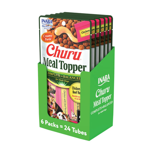 INABA Churu Meal Topper for Dogs, Complete & Balance, Creamy, Lickable Purée Dog Food Topper, 0.5 Ounce Tube, 24 Tubes (4 per Pack), Chicken with Beef Recipe