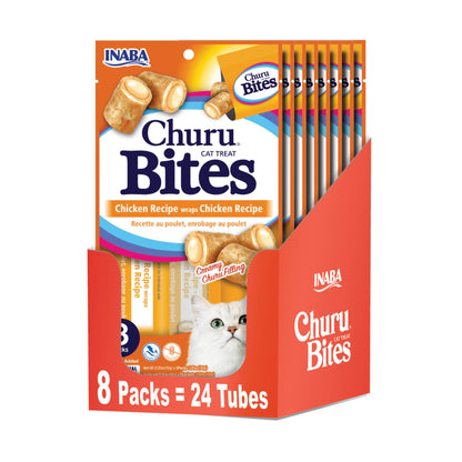 INABA Churu Bites for Cats, Soft Baked Chicken Churu Filled Cat Treats with Vitamin E, 0.35 Ounces Each Tube, 24 Tubes Total (3 per Pack), Chicken Recipe