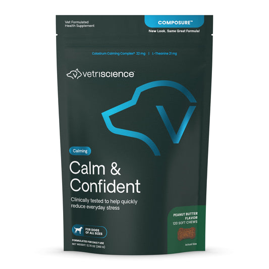 VETRISCIENCE Calm & Confident Chews, Composure Clinically Tested Calming & Anxiety Relief for Dogs, CBD and Melatonin Free Calming Chews for Dogs, Peanut Butter, 120 Count