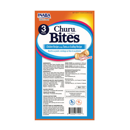 Inaba Churu Bites for Cats, Soft Baked Chicken Churu Filled Cat Treats with Vitamin E, 0.35 Ounces Each Tube, 24 Tubes Total (3 Per Pack), Tuna with Scallop Recipe