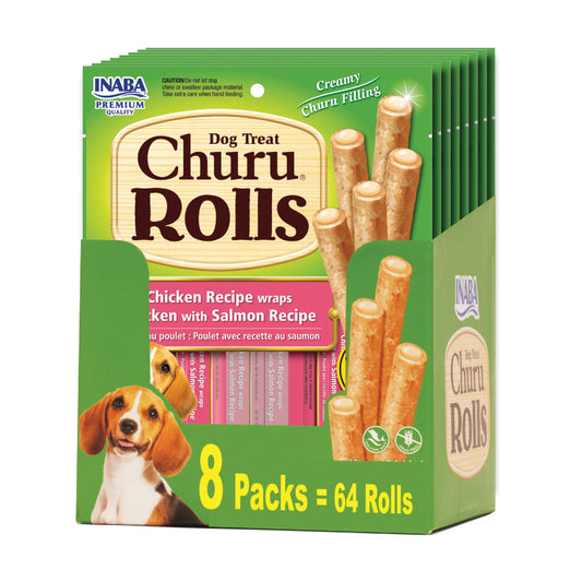 INABA Churu Rolls for Dogs, Soft & Chewy Baked Chicken Wrapped Filled Dog Treats, 0.42 Ounces Each Tube, 64 Tubes Total, Chicken with Salmon Recipe