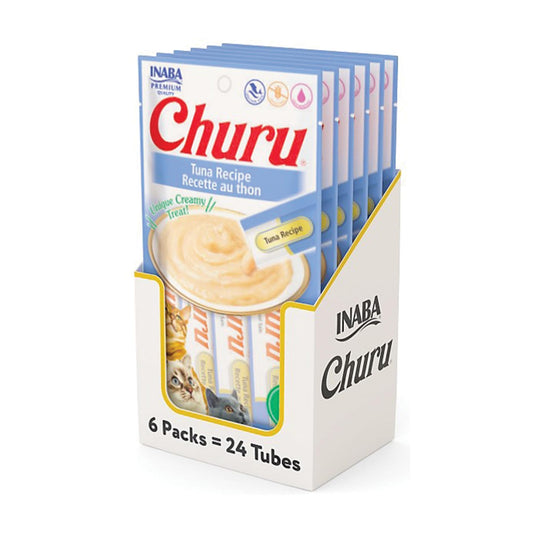INABA Churu Cat Treats, Grain-Free, Lickable, Squeezable Creamy Purée Cat Treat/Topper with Vitamin E & Taurine, 0.5 Ounces Each Tube, 24 Tubes (4 per Pack), Tuna Recipe