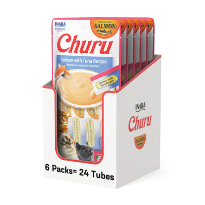 INABA Salmon Churu Cat Treats, Lickable, Squeezable Creamy Purée Cat Treat with Green Tea Extract & Taurine, 0.5 Ounces Each Tube, 24 Tubes (4 per Pack), Salmon with Tuna Recipe