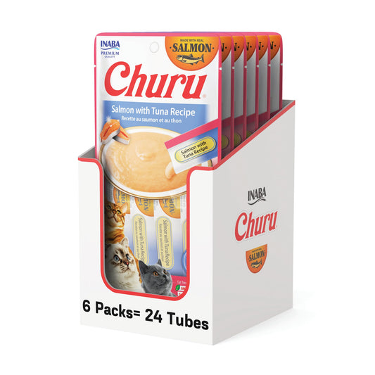 INABA Salmon Churu Cat Treats, Lickable, Squeezable Creamy Purée Cat Treat with Green Tea Extract & Taurine, 0.5 Ounces Each Tube, 24 Tubes (4 per Pack), Salmon with Tuna Recipe