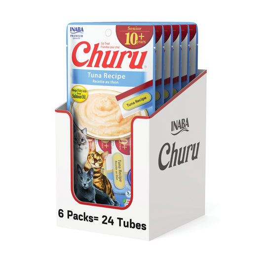 INABA Churu for Senior 10+, Creamy Lickable Cat Treats with Taurine, Vitamin E & C, 0.5 Ounces Each, 24 Tubes (4 per Pack), Tuna Recipe