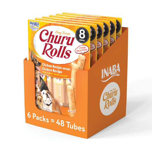 INABA Churu Rolls for Dogs, Grain-Free, Soft/Chewy Baked Chicken Wrapped Churu Filled Dog Treats, 0.42 Ounces Each Stick| 48 Stick Treats Total (8 Sticks per Pack), Chicken Recipe