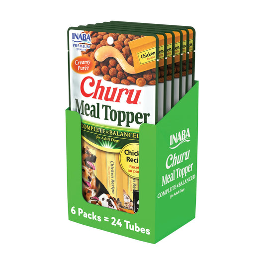 INABA Churu Meal Topper for Dogs, Complete & Balance, Creamy, Lickable Purée Dog Food Topper, 0.5 Ounce Tube, 24 Tubes (4 per Pack), Chicken Recipe