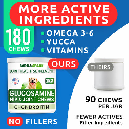 Bark&Spark Glucosamine Chondroitin Dog Hip & Joint Supplement - Joint Pain Relief - Hip & Joint Chews - Joint Support Large Small Breed - Senior Doggie Vitamin Pill Joint Health (180 Treats - Chicken)