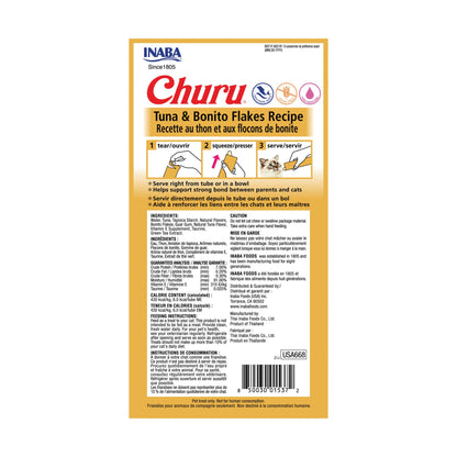 INABA Churu Cat Treats, Grain-Free, Lickable, Squeezable Creamy Purée Cat Treat/Topper with Vitamin E & Taurine, 0.5 Ounces Each Tube, 24 Tubes (4 per Pack), Tuna with Bonito Flakes Recipe
