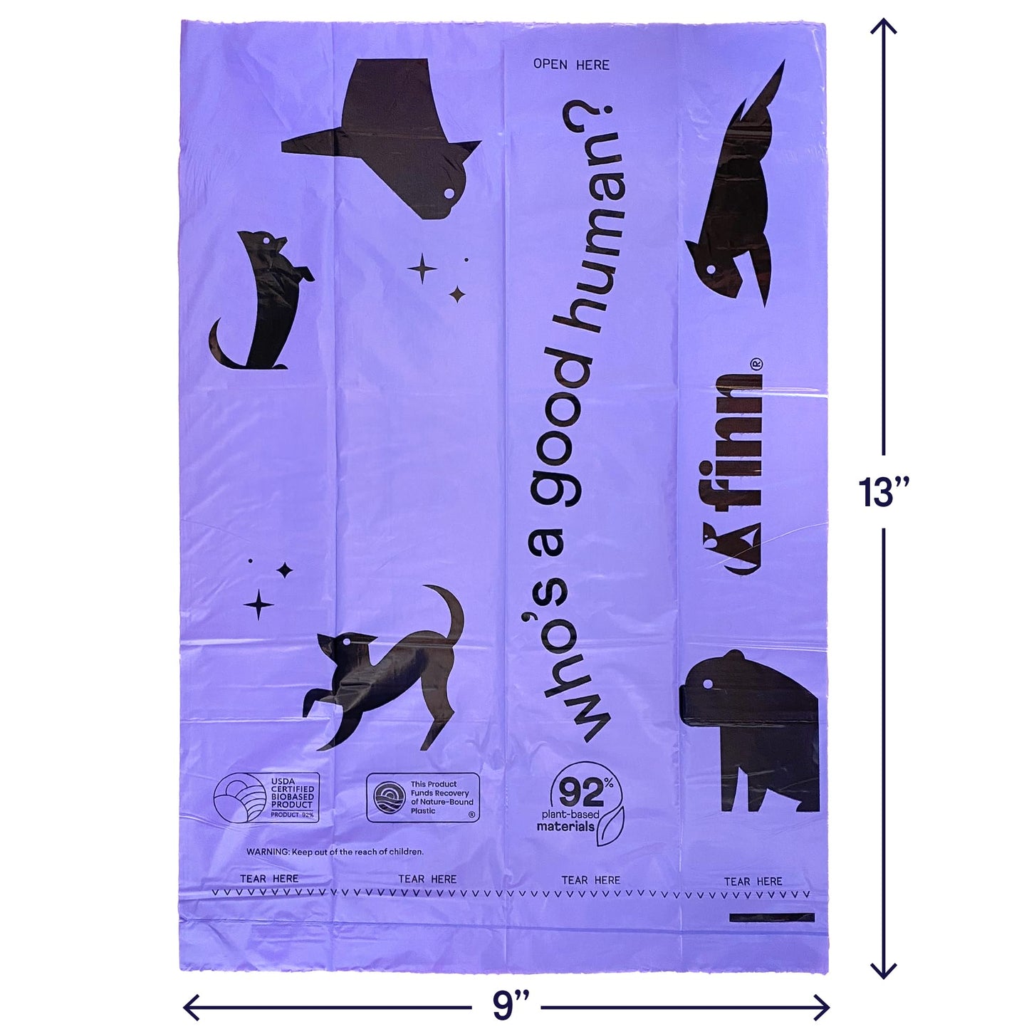 Finn 92% Biobased Poop Bags | USDA-Certified BioPreferred Product | Made from 92% Plant-Based Materials / 8% PE | Unscented Dog Waste Bags, Set of 120