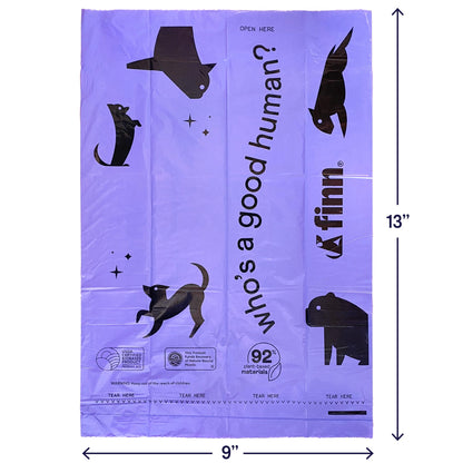 Finn 92% Biobased Poop Bags | USDA-Certified BioPreferred Product | Made from 92% Plant-Based Materials / 8% PE | Unscented Dog Waste Bags, Set of 120