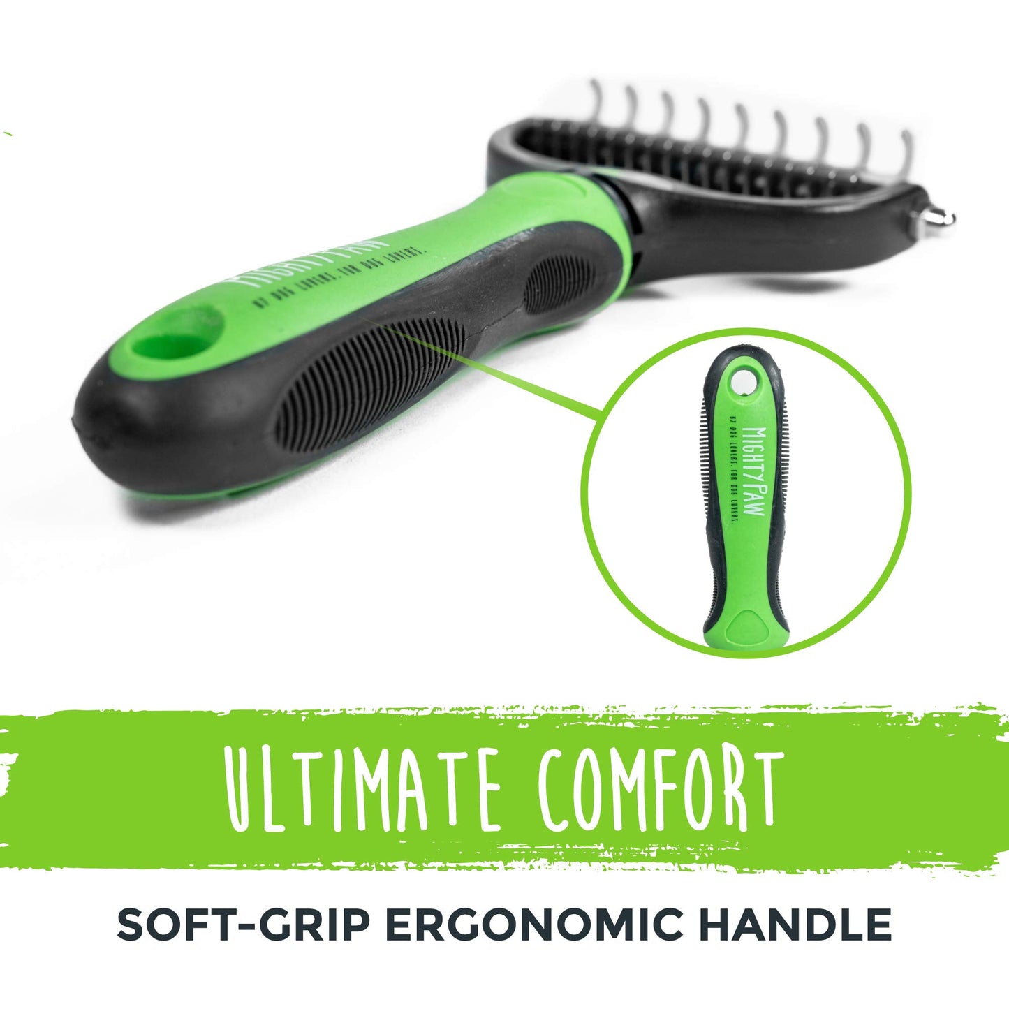 Mighty Paw Dog Grooming Brush - 2-In-1 Dual Sided Comb - Round Tip For Maximum Coat Penetration - Stainless Steel Teeth That Won't Rust Or Discolor - Built-In Thumb Rest For The Control When You Need