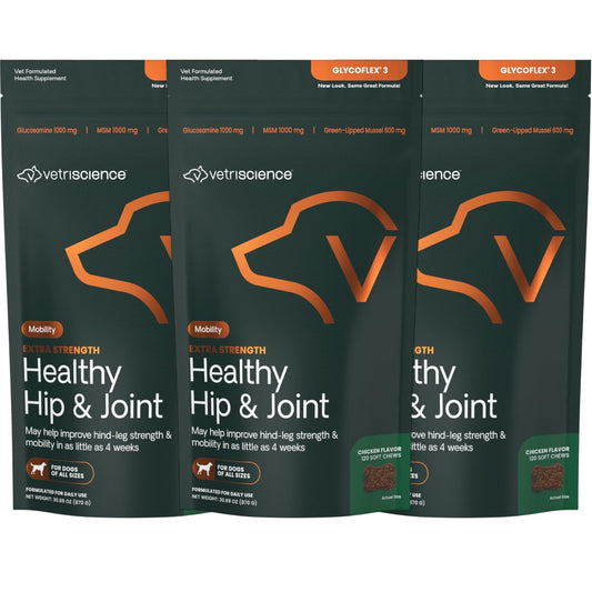 VetriScience Glycoflex 3 Hip and Joint Supplement for Dogs - Maximum Strength Dog Supplement with Glucosamine, MSM, Green Lipped Mussel & DMG - 3 Pack (120 Chews Each)