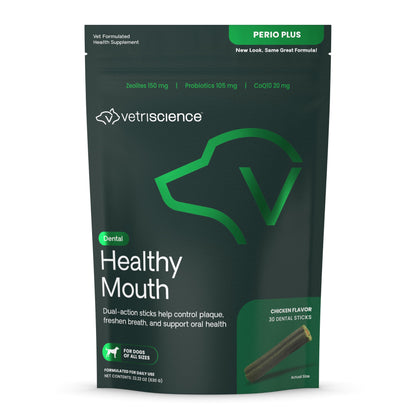VetriScience Healthy Mouth Dental Chews, Perio Plus Sticks for Dogs, with Probiotics, Spirulina & Zeolites, Breath Freshening, Plaque & Tartar Control, Chicken, 30 Count