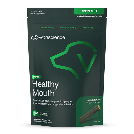 VetriScience Healthy Mouth Dental Chews, Perio Plus Sticks for Dogs, with Probiotics, Spirulina & Zeolites, Breath Freshening, Plaque & Tartar Control, Chicken, 30 Count