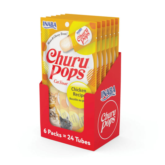 INABA Churu Pops, Grain-Free, Soft, Moist and Chewy Jelly Cat Treats with Vitamin E, 0.54 Ounces Each, 24 Tubes (4 per Pack), Chicken Recipe
