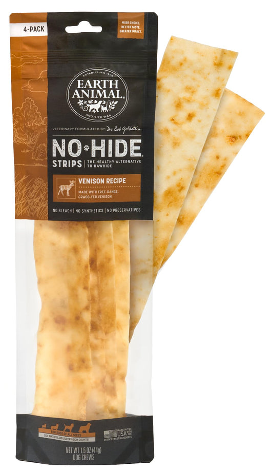 Earth Animal No Hide Strips Venison Flavored Natural Treats | No Rawhide | Quick & Thin Dog Chews | 1.5 Oz