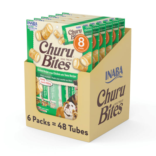 INABA Churu Bites for Dogs, Grain-Free, Soft/Chewy Baked Chicken Wrapped Churu Filled Dog Treats, 0.42 Ounces Each Tube | 48 Tubes Total (8 Tubes per Pack), Chicken with Tuna Recipe