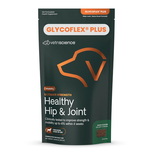 VetriScience GlycoFlex Ultimate Strength Healthy Hip & Joint Glucosamine Supplements for Dogs, with MSM, Chondroitin & Green-Lipped Mussel, Soft Chews, Duck, 120 Count - New Look