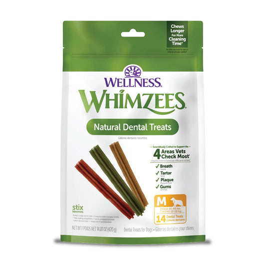 Whimzees Wellness Stix Dog Dental Treats, Natural Chews, Medium Size Stick, (14 Count)