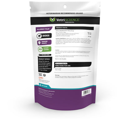 VetriScience Allergy & Itch Support Chews, Skin and Coat Supplement for Dogs, Allergy Chews for Itching, Scratching, and Licking, Support Skin and Immune Health, Duck, 75 Count