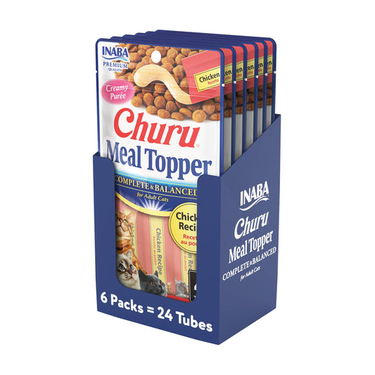 INABA Churu Meal Topper for Cats, Complete & Balanced, Creamy, Lickable Purée Cat Food Topper, 0.5 Ounce Tube, 24 Tubes (4 per Pack), Chicken Recipe