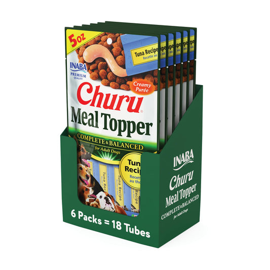 INABA Churu Meal Topper for Dogs, Complete & Balanced, Creamy, Lickable Purée Dog Food Toppers, 1.69 Ounce Tube, 18 Tubes (3 per Pack), Tuna Recipe