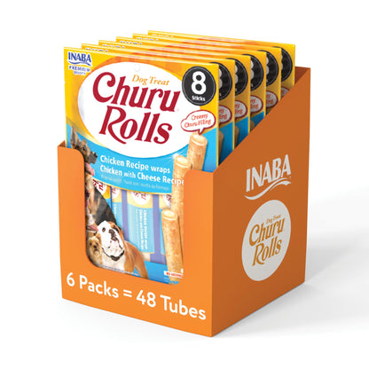 INABA Churu Rolls for Dogs, Grain-Free, Soft/Chewy Baked Chicken Wrapped Churu Filled Dog Treats, 0.42 Ounces Each Stick| 48 Stick Treats Total (8 Sticks per Pack), Chicken with Cheese Recipe