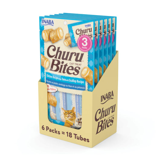 INABA Churu Bites for Cats, Soft/Chewy Baked Chicken Wrapped Churu Filled Cat Treats with Vitamin E, 0.35 Ounces per Tube, 18 Tubes Total (3 Tubes per Pack), Tuna with Scallop Recipe