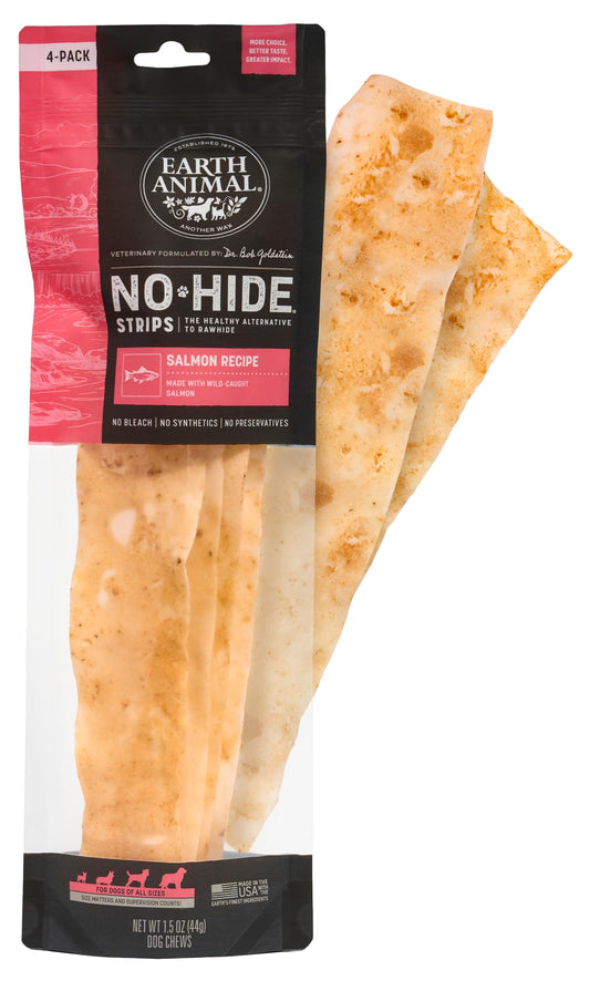 Earth Animal No Hide Strips Salmon Flavored Natural Treats | No Rawhide | Quick & Thin Dog Chews | 1.5 Oz