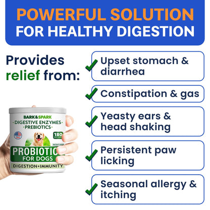 Bark&Spark Dog Probiotics & Digestive Enzymes (Gut Health) Allergy & Itchy Skin - Pet Diarrhea Gas Treatment Upset Stomach Relief Pill, Digestion Health Tummy Treat (180Ct Bacon)