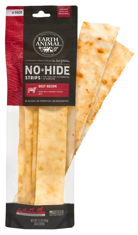 Earth Animal No Hide Strips Beef Flavored Natural Treats | No Rawhide | Quick & Thin Dog Chews | 1.5 Oz