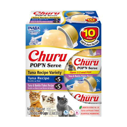 INABA Churu Pop'N Serve Jelly Cat Treat with Vitamin E & Taurine, 1.2 Ounce Cup, 10 Cups, Tuna Variety
