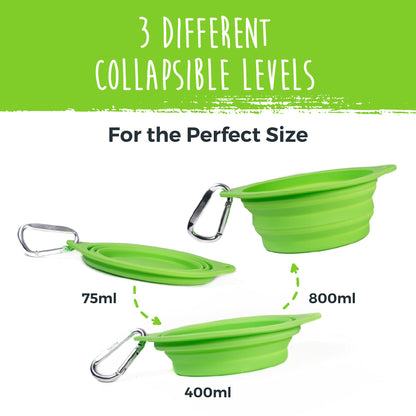 Mighty Paw Travel Dog Bowl Set - Silicone Food - Bonus Carabiner Clip - Ideal for Hiking - Camping - Lightweight - Leak-Proof - Collapsible Dog Bowl with Lid - Green - 2 Pack (27 Oz)