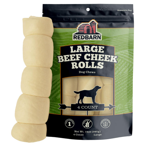 Redbarn Pet Products All-Natural Large Beef Cheek Rolls for Dogs, Uncoated - Single Ingredient Grain-Free Chew Treat Naturally Rich in Collagen - No Artificial Preservatives - Pack of 4